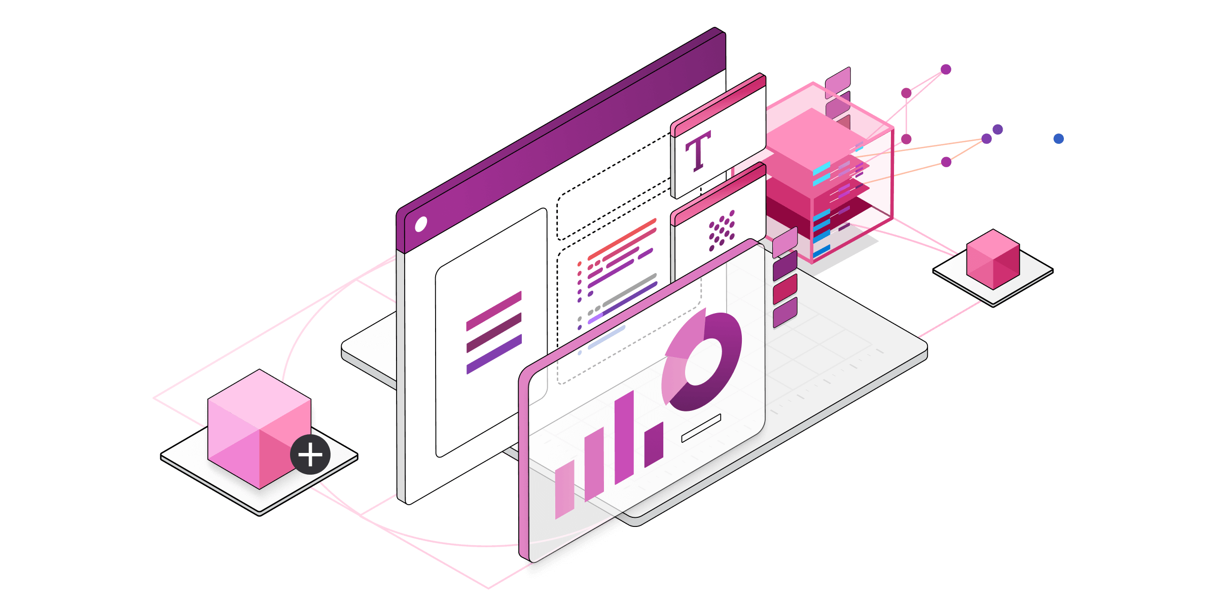 Uma ilustração isométrica dos componentes técnicos dos serviços do Power Apps.